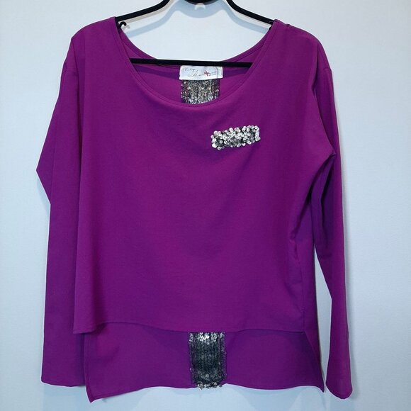 Vintage Havana High Low Sequin Top Long Sleeve Purple Metallic Blouse - Picture 8 of 11